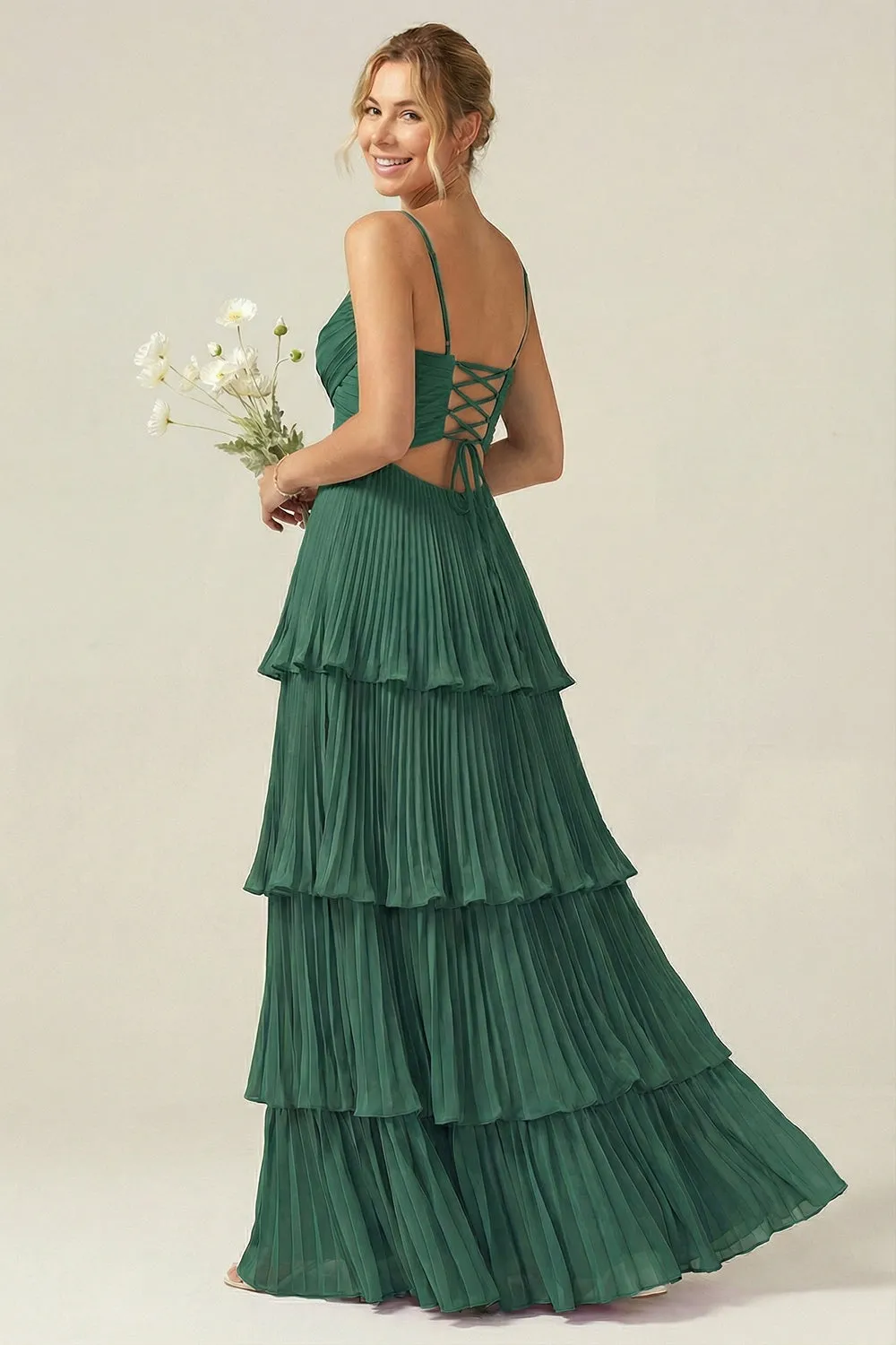 Dark Green A Line Ruched Pleated Spaghetti Straps Tiered Bridesmaid Dress sold by Wedtrend product image thumbnail 2