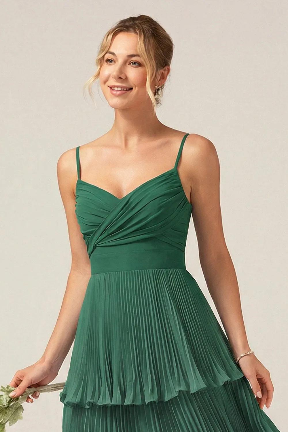 Dark Green A Line Ruched Pleated Spaghetti Straps Tiered Bridesmaid Dress sold by Wedtrend product image thumbnail 3