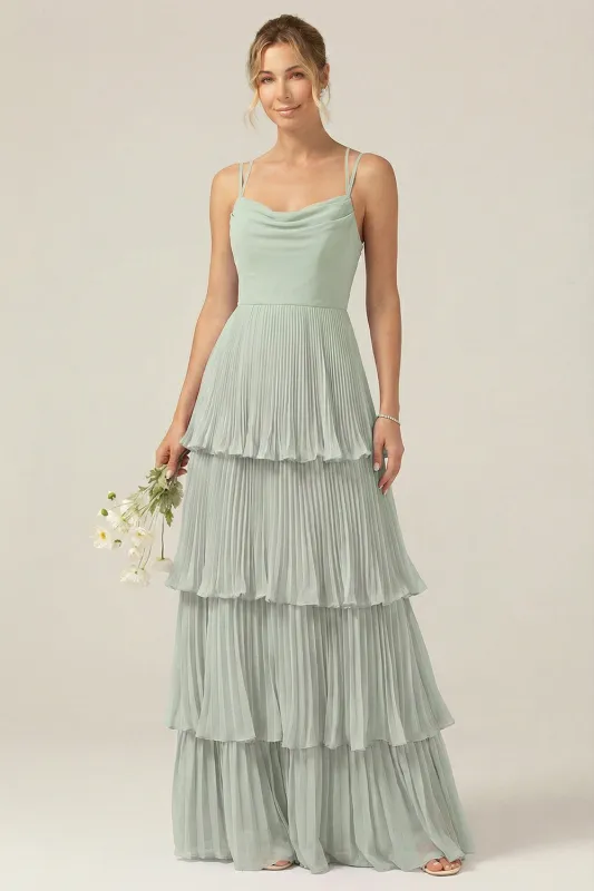 Dusty Sage Cowl Neck A Line Tiered Pleated Long Bridesmaid Dress made by Wedtrend