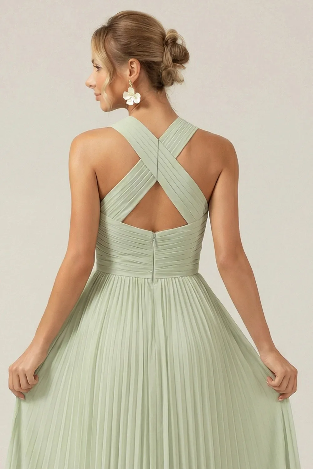 Dusty Sage A Line Halter Pleated Long Bridesmaid Dress sold by Wedtrend product image thumbnail 4