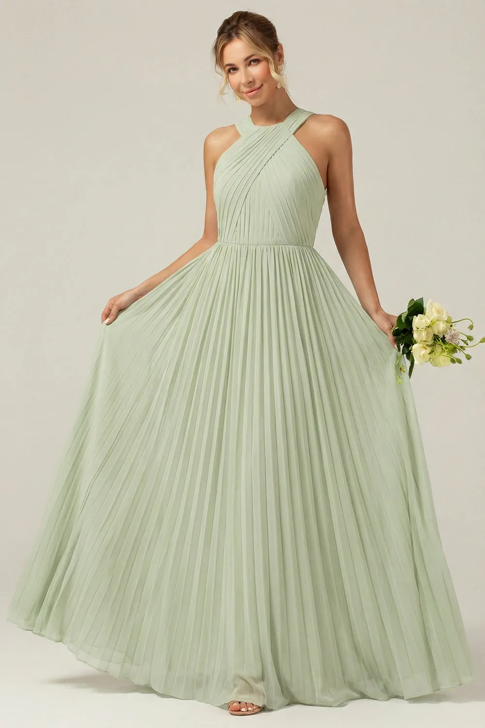 Dusty Sage A Line Halter Pleated Long Bridesmaid Dress sold by Wedtrend