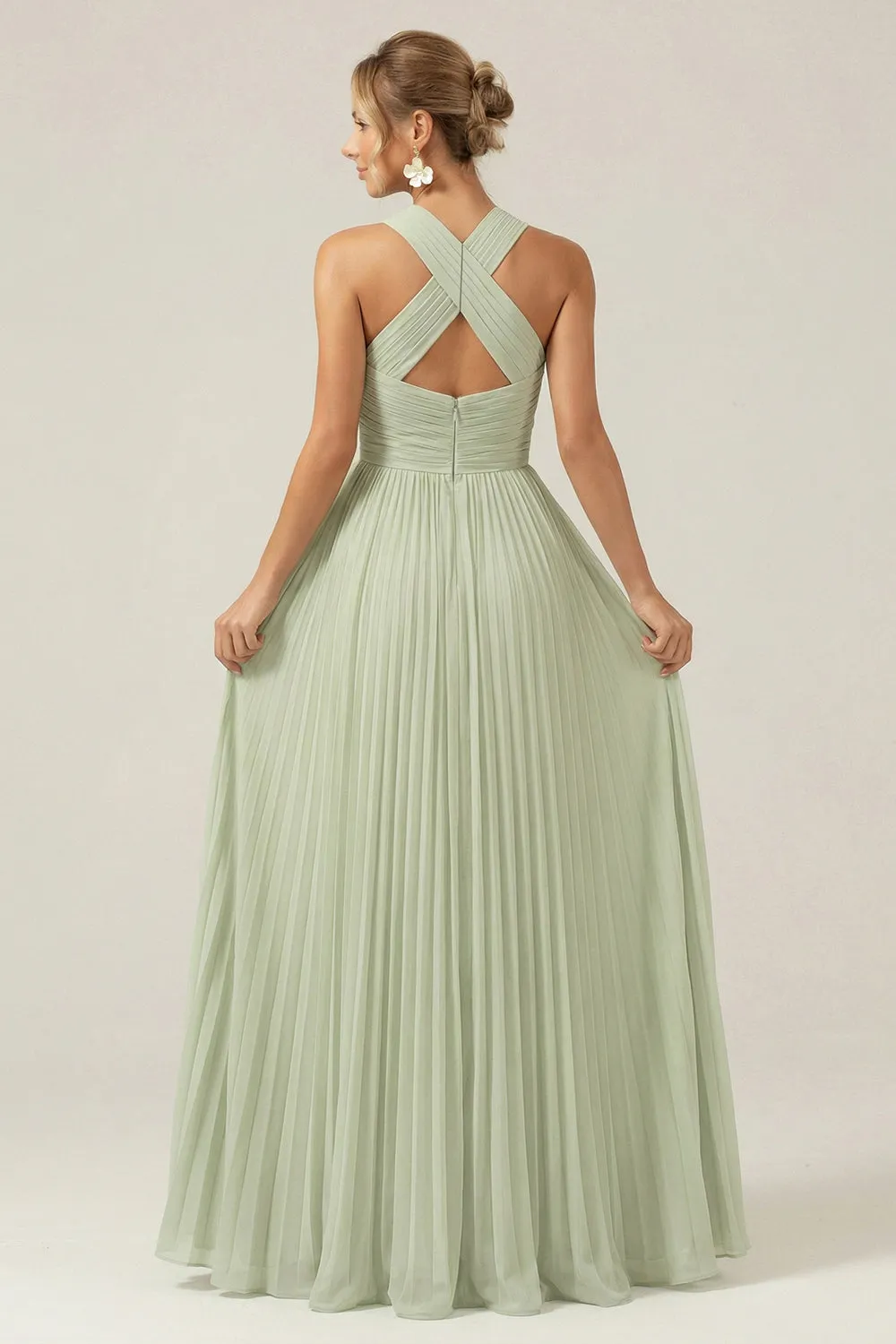 Dusty Sage A Line Halter Pleated Long Bridesmaid Dress sold by Wedtrend product image thumbnail 2