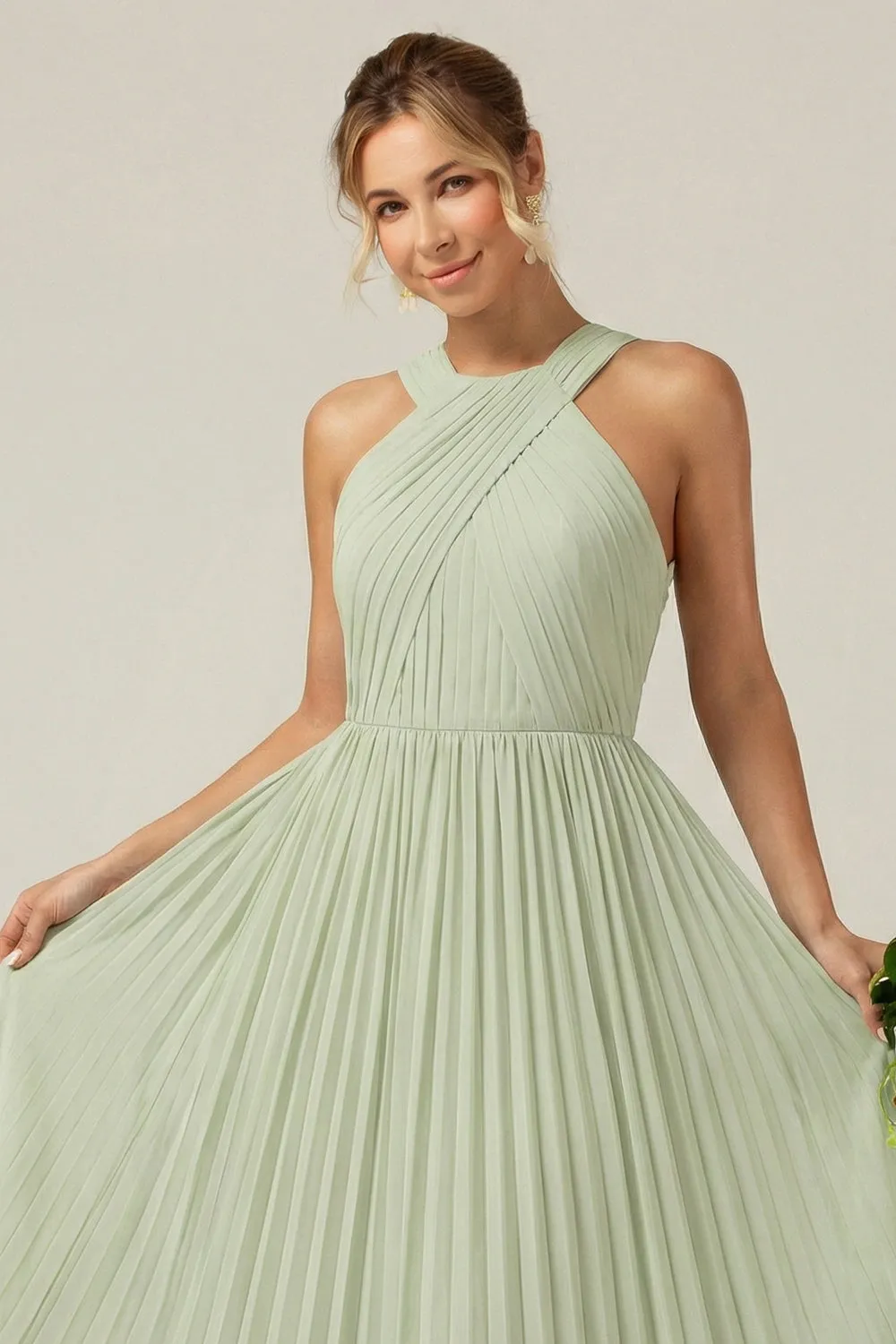 Dusty Sage A Line Halter Pleated Long Bridesmaid Dress sold by Wedtrend product image thumbnail 3