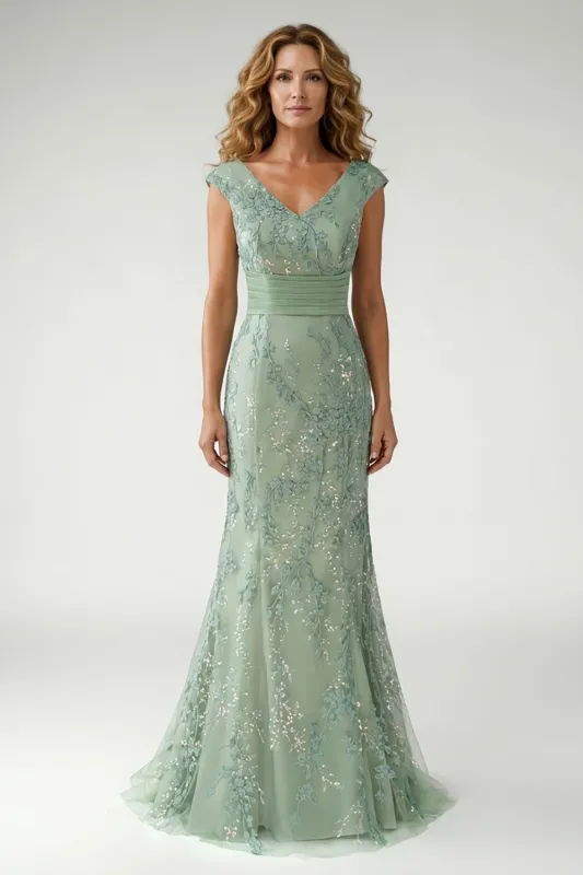 Sparkly Green Sequin V Neck Pleated Mother of the Bride Dress with Appliques sold by Wedtrend