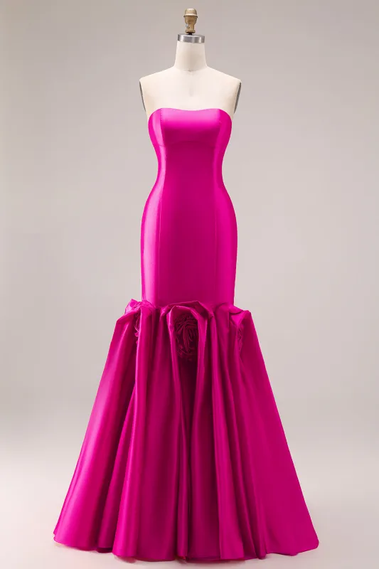 Fuchsia Strapless Mermaid Satin Long Prom Dress with 3D Flowers sold by Wedtrend