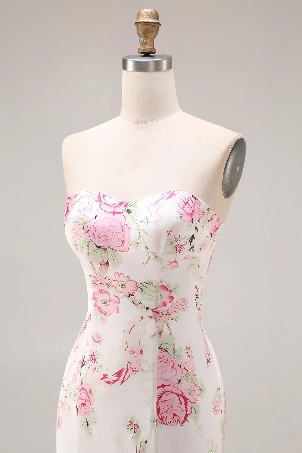 Strapless White Pink Flower Printed Mermaid Long Prom Dress sold by Wedtrend product image thumbnail 5