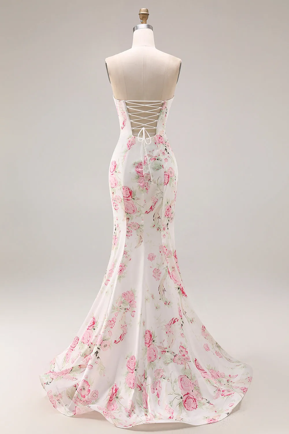 Strapless White Pink Flower Printed Mermaid Long Prom Dress sold by Wedtrend product image thumbnail 2