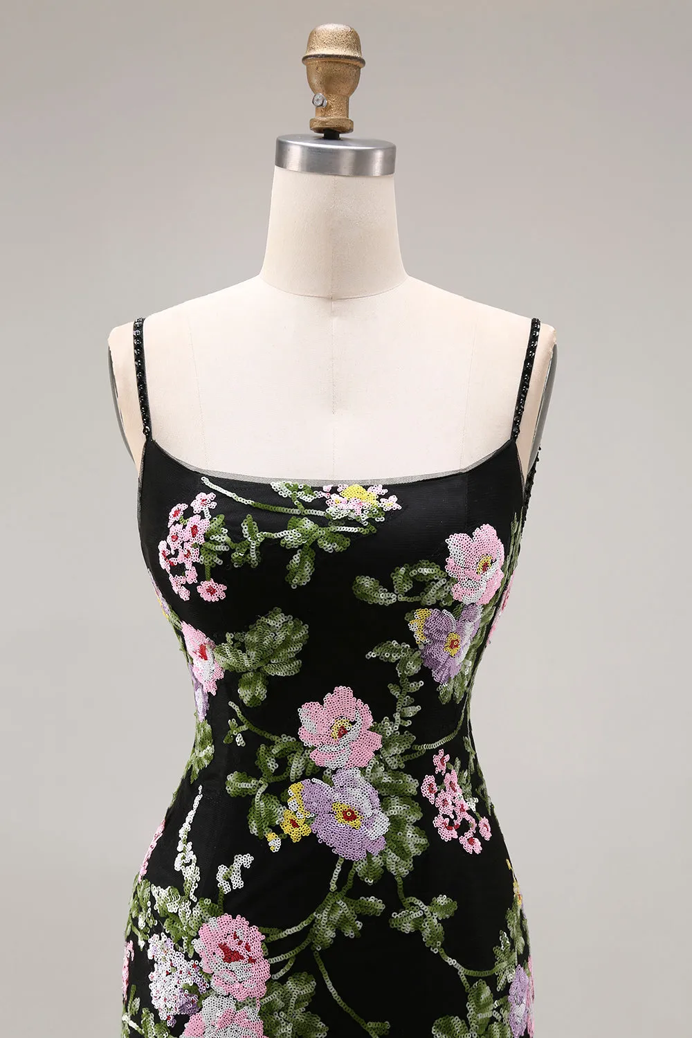 Black Pink Flower Sequin Mermaid Tiered Ruffle Long Prom Dress sold by Wedtrend product image thumbnail 4