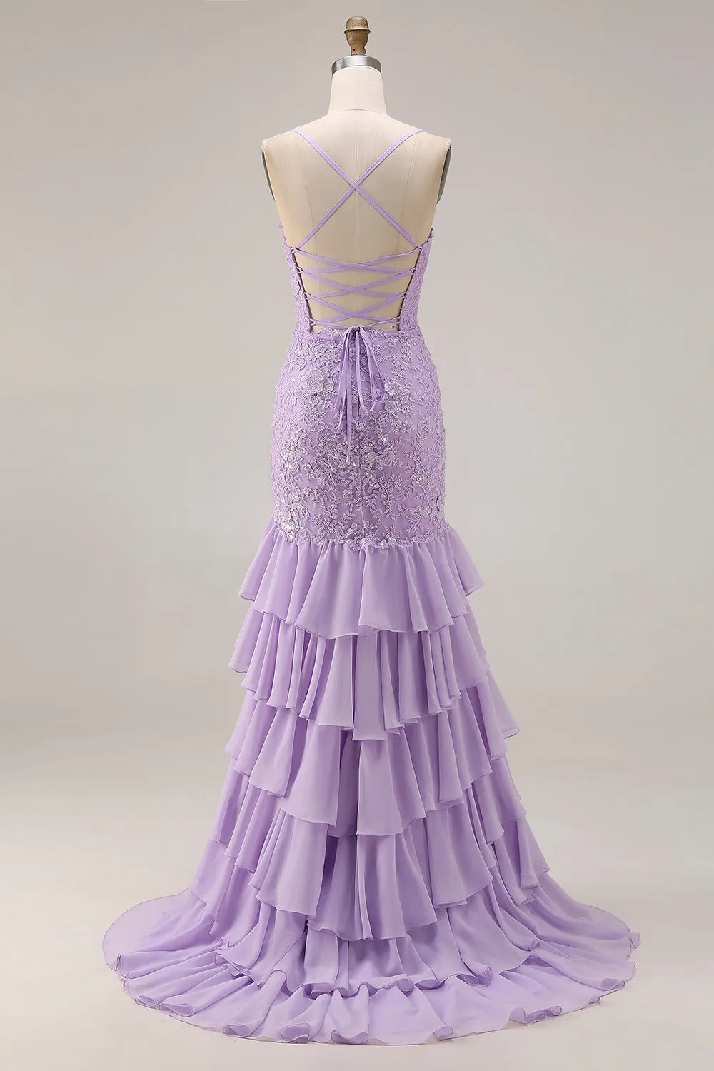 Purple Mermaid Appliqued Tiered Ruffle Long Prom Dress with Slit sold by Wedtrend product image thumbnail 2