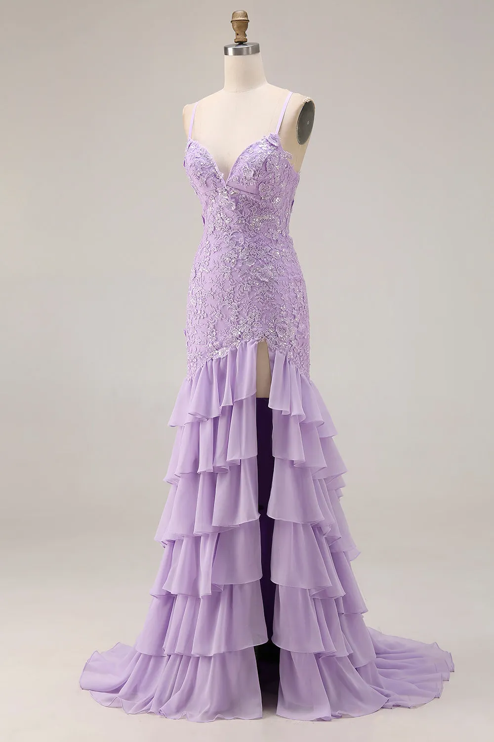 Purple Mermaid Appliqued Tiered Ruffle Long Prom Dress with Slit sold by Wedtrend product image thumbnail 3