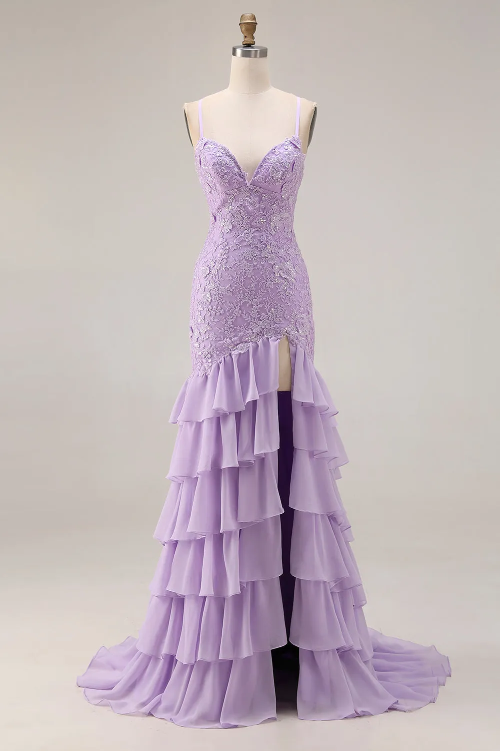 Purple Mermaid Appliqued Tiered Ruffle Long Prom Dress with Slit sold by Wedtrend