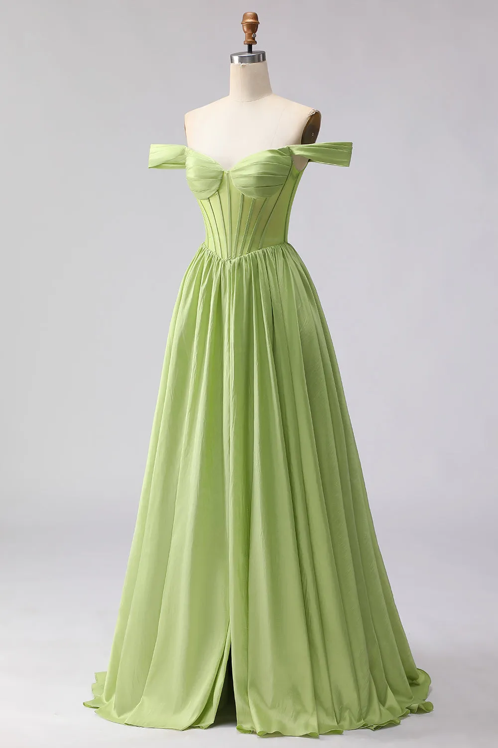 Off the Shoulder Green A Line Corset Satin Long Prom Dress with Slit sold by Wedtrend product image thumbnail 3