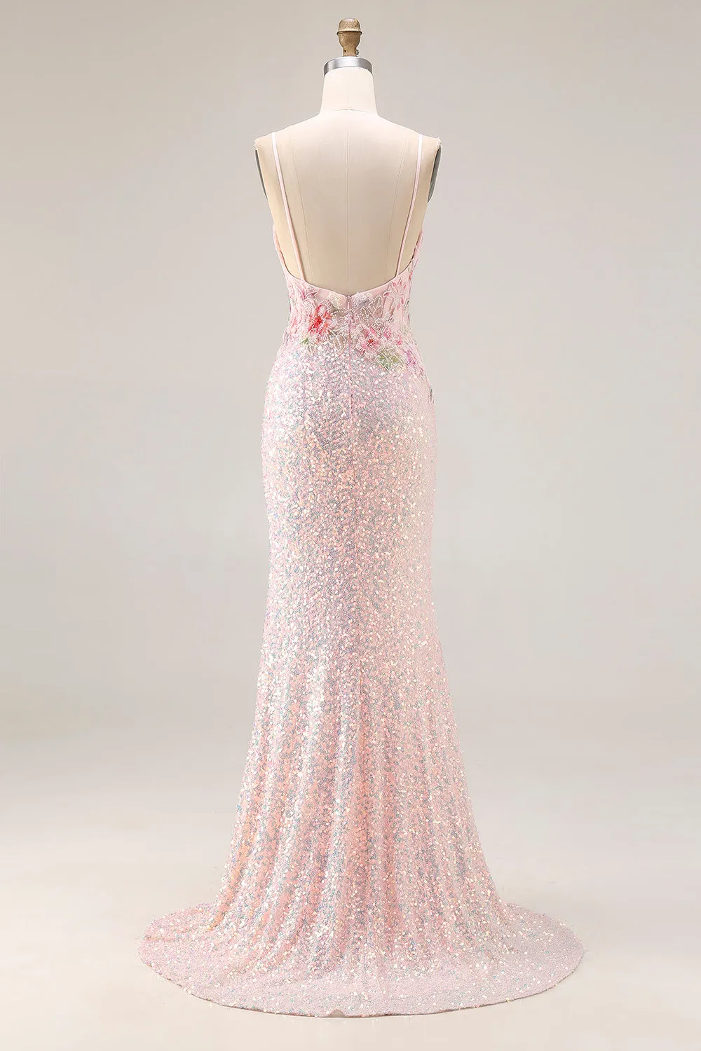 Sparkly Pink Floral Beaded Mermaid Sequin Long Prom Dress with Slit sold by Wedtrend product image thumbnail 2