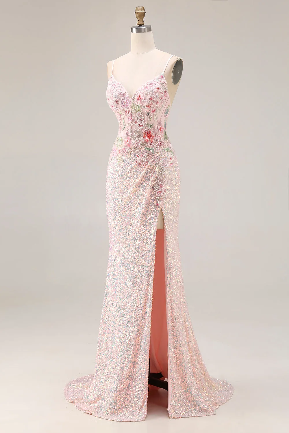 Sparkly Pink Floral Beaded Mermaid Sequin Long Prom Dress with Slit sold by Wedtrend product image thumbnail 3