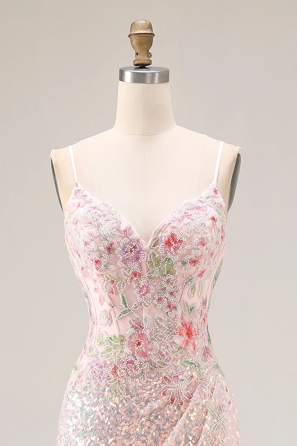 Sparkly Pink Floral Beaded Mermaid Sequin Long Prom Dress with Slit sold by Wedtrend product image thumbnail 4