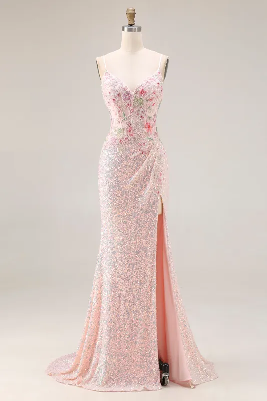 Sparkly Pink Floral Beaded Mermaid Sequin Long Prom Dress with Slit made by Wedtrend