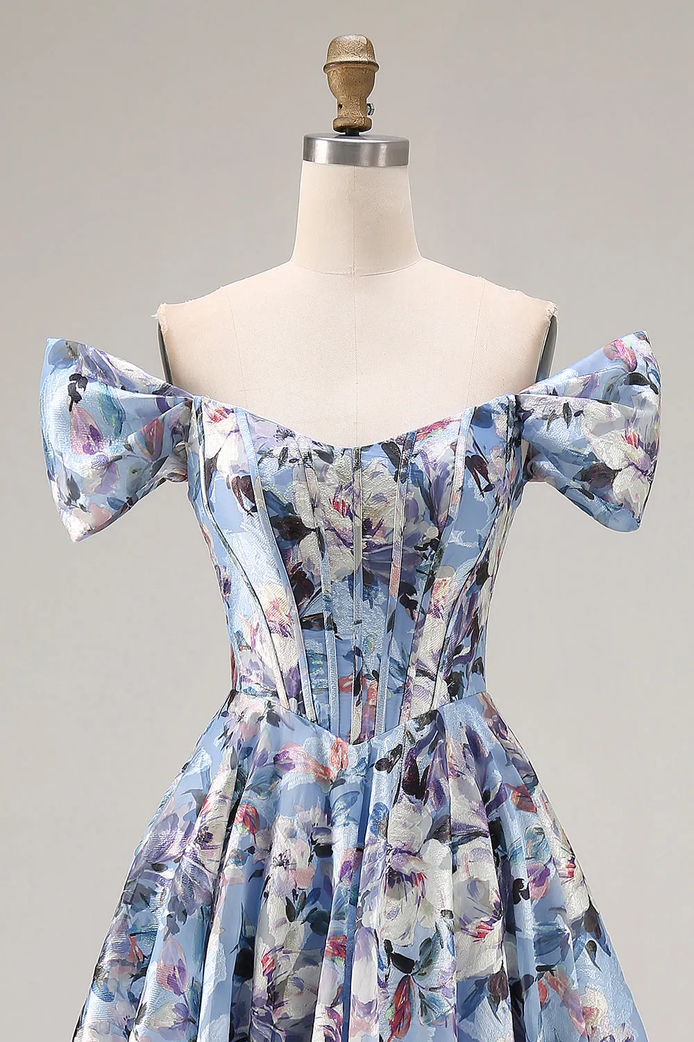 Blue Floral Off the Shoulder A Line Corset Long Prom Dress with Slit sold by Wedtrend product image thumbnail 4