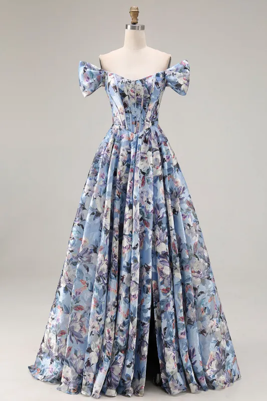 Blue Floral Off the Shoulder A Line Corset Long Prom Dress with Slit made by Wedtrend