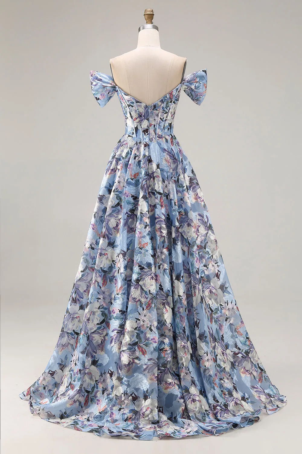 Blue Floral Off the Shoulder A Line Corset Long Prom Dress with Slit sold by Wedtrend product image thumbnail 2