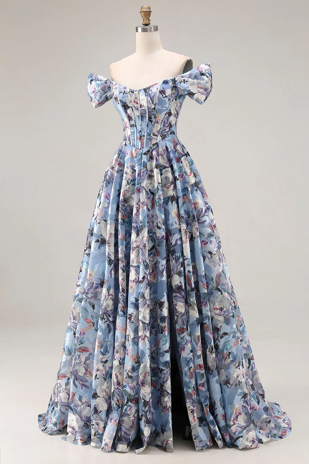 Blue Floral Off the Shoulder A Line Corset Long Prom Dress with Slit sold by Wedtrend product image thumbnail 3
