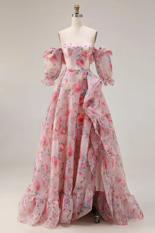 Pink Floral Off the Shoulder A Line Ruffled Long Prom Dress with Puff Sleeves made by Wedtrend