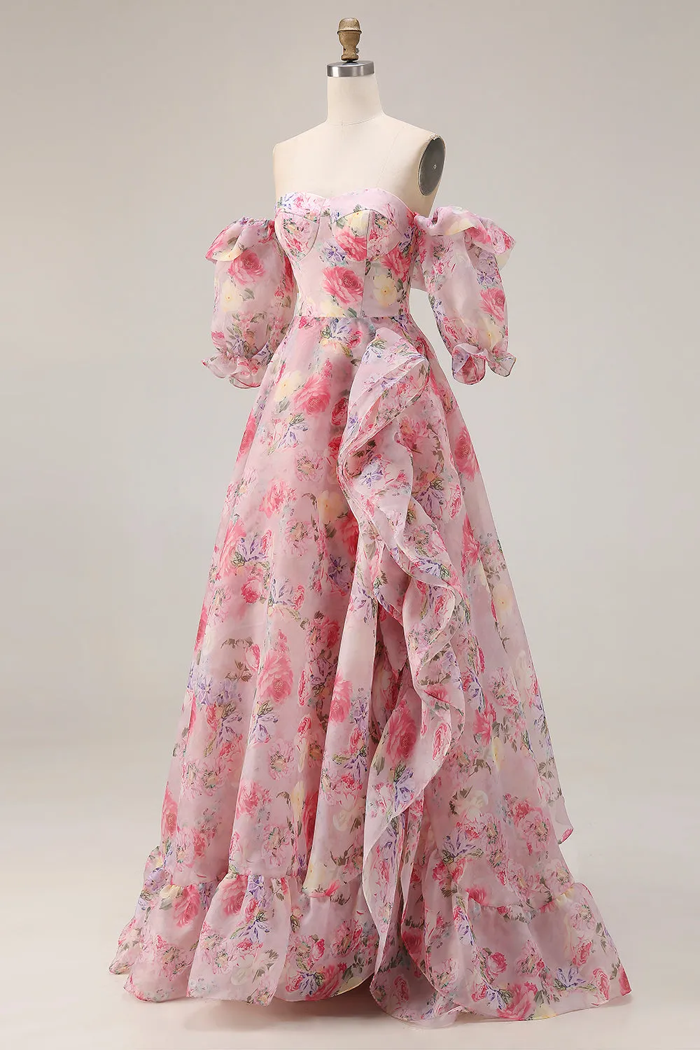 Pink Floral Off the Shoulder A Line Ruffled Long Prom Dress with Puff Sleeves sold by Wedtrend product image thumbnail 3