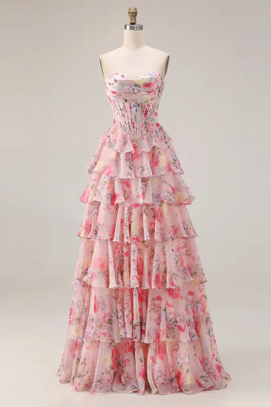 Pink Floral Printed A Line Strapless Tiered Ruffle Corset Long Prom Dress made by Wedtrend