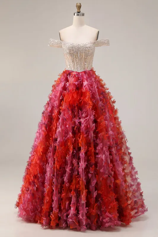 Sparkly Fuchsia Off the Shoulder A Line Beaded Sequin Long Prom Dress with 3D Flowers made by Wedtrend