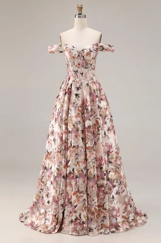 Desert Rose Floral A Line Off the Shoulder Corset Long Prom Dress made by Wedtrend