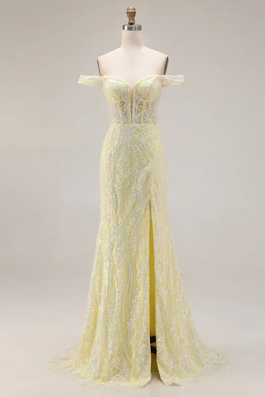 Off the Shoulder Light Yellow Sequin Long Prom Dress with Slit made by Wedtrend