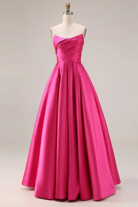 Fuchsia A Line Strapless Pleated Satin Long Prom Dress made by Wedtrend