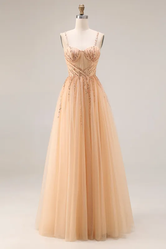 Sparkly Sequin Peach A Line Tulle Long Prom Dress made by Wedtrend