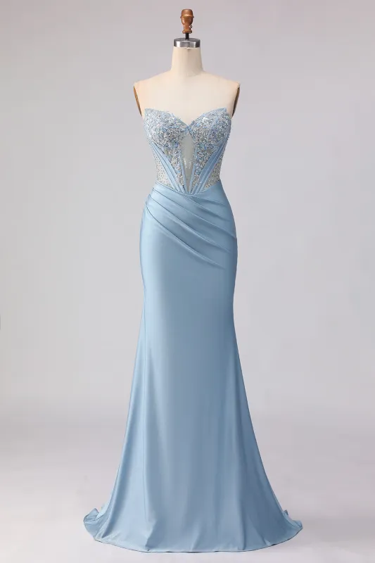 Sky Blue Sequin Strapless Mermaid Corset Long Prom Dress with Beading made by Wedtrend