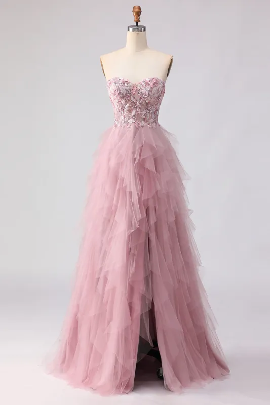 Strapless Pink A Line Beaded Ruffled Long Prom Dress with Slit made by Wedtrend