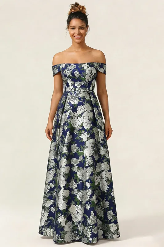 Off the Shoulder Navy Flower A Line Long Wedding Guest Dress made by Wedtrend