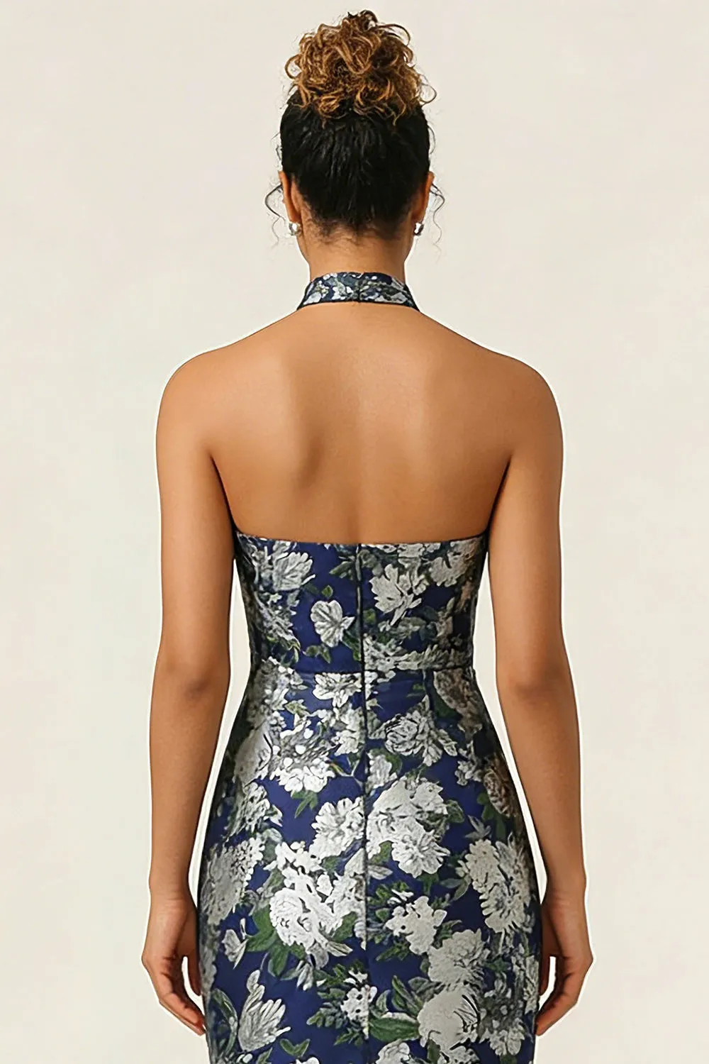 Halter Sheath Navy Flower Midi Wedding Guest Dress sold by Wedtrend product image thumbnail 4