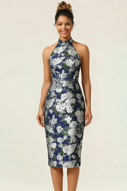 Halter Sheath Navy Flower Midi Wedding Guest Dress made by Wedtrend