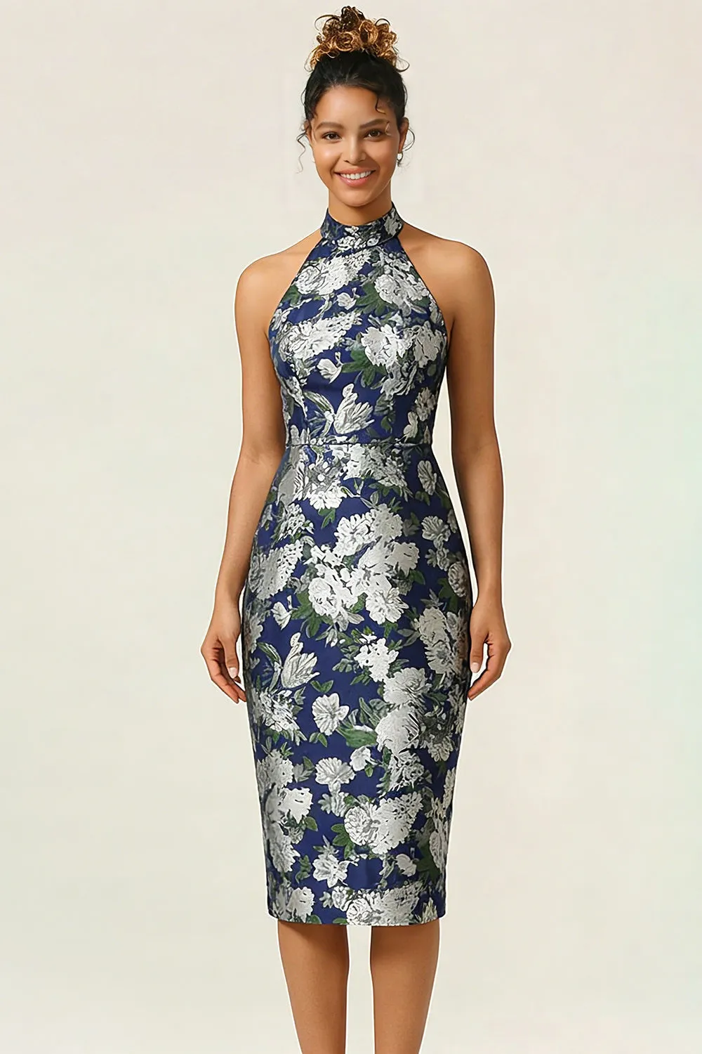Halter Sheath Navy Flower Midi Wedding Guest Dress sold by Wedtrend
