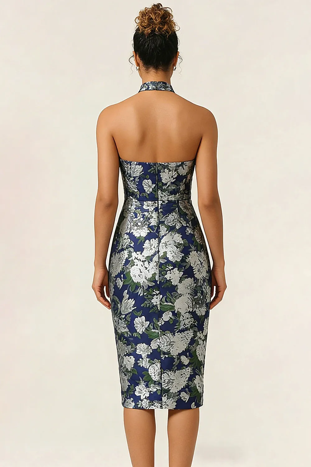 Halter Sheath Navy Flower Midi Wedding Guest Dress sold by Wedtrend product image thumbnail 2