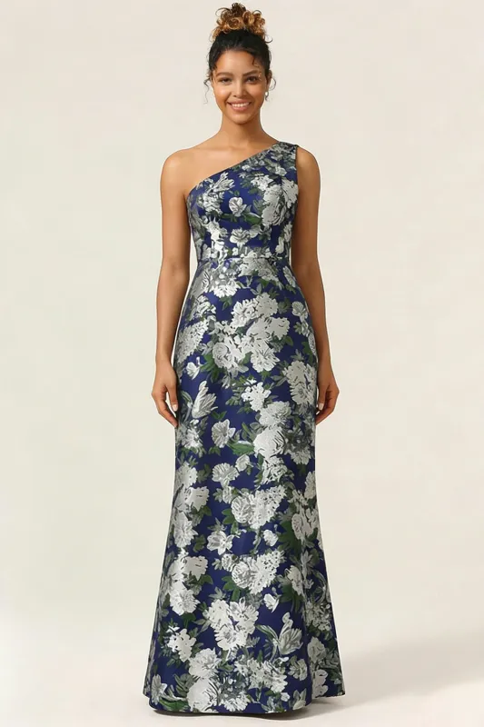 One Shoulder Mermaid Navy Flower Long Wedding Guest Dress made by Wedtrend