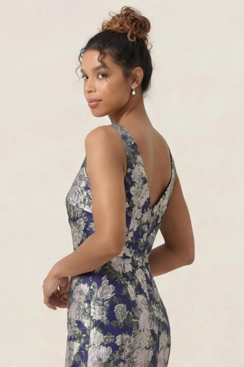 Navy Flower Sheath Printed Ankle Length Wedding Guest Dress with Slit sold by Wedtrend product image thumbnail 5