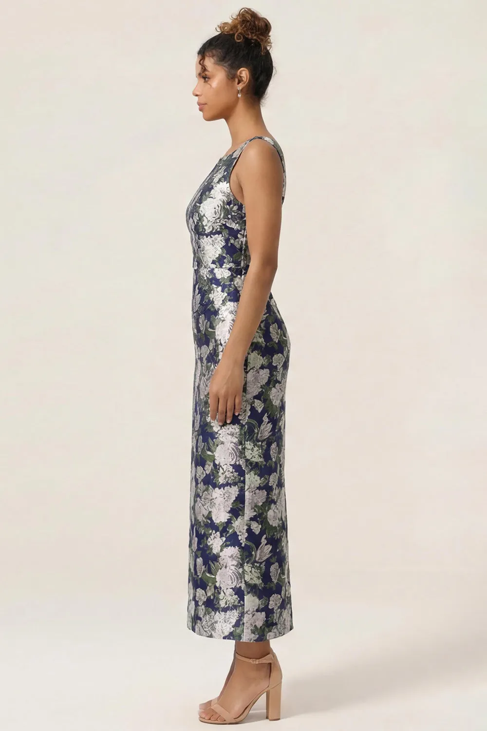 Navy Flower Sheath Printed Ankle Length Wedding Guest Dress with Slit sold by Wedtrend product image thumbnail 3
