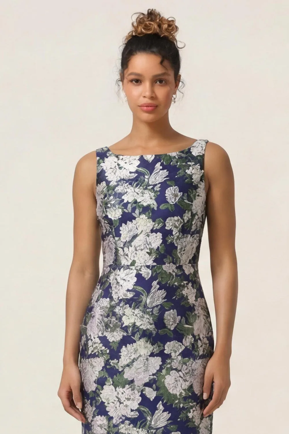 Navy Flower Sheath Printed Ankle Length Wedding Guest Dress with Slit sold by Wedtrend product image thumbnail 4