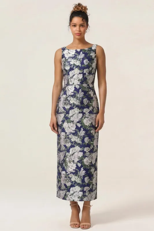 Navy Flower Sheath Printed Ankle Length Wedding Guest Dress with Slit made by Wedtrend