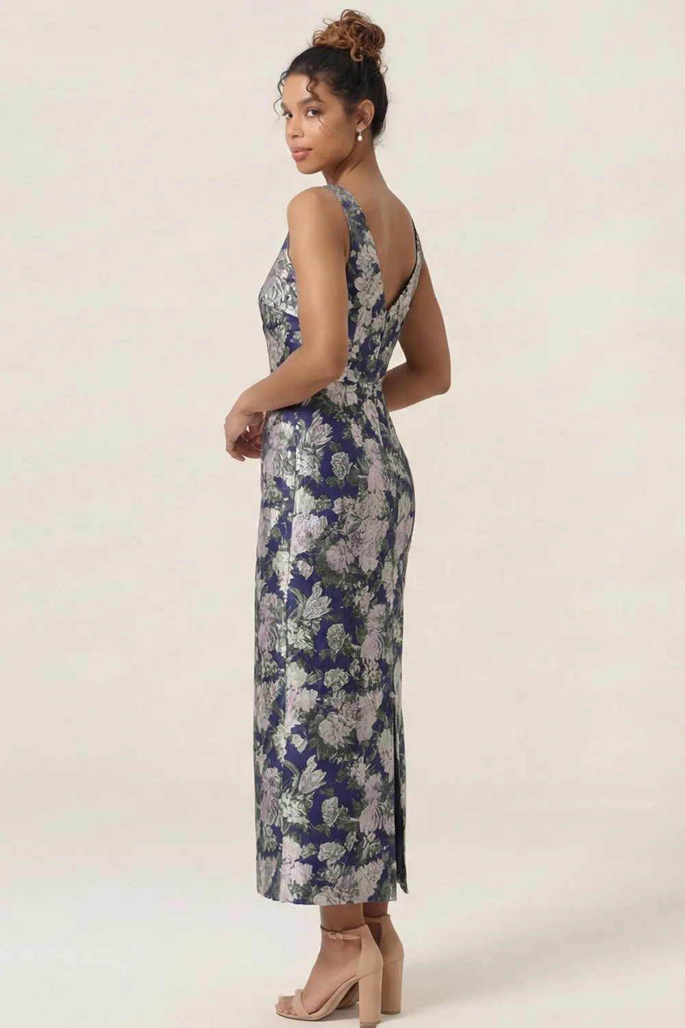 Navy Flower Sheath Printed Ankle Length Wedding Guest Dress with Slit sold by Wedtrend product image thumbnail 2
