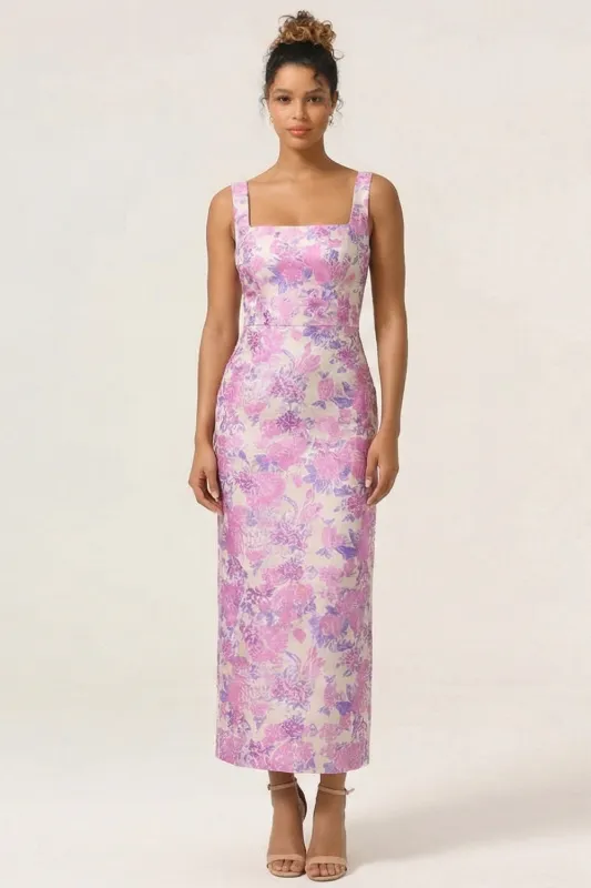 Lilac Flower Sheath Square Neck Ankle Length Wedding Guest Dress made by Wedtrend