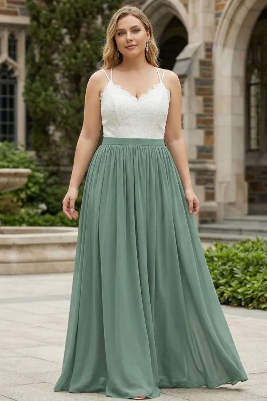 Eucalyptus Plus Size A-Line Spaghetti Straps Pleated Long Bridesmaid Dress With Lace made by Wedtrend