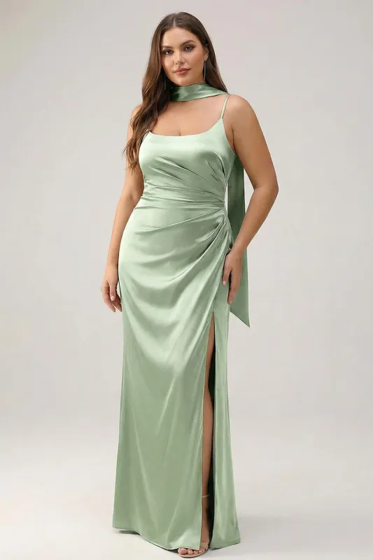 Sage Sheath Spaghetti Straps Streamer Long Satin Plus Size Bridesmaid Dress with Slit made by Wedtrend