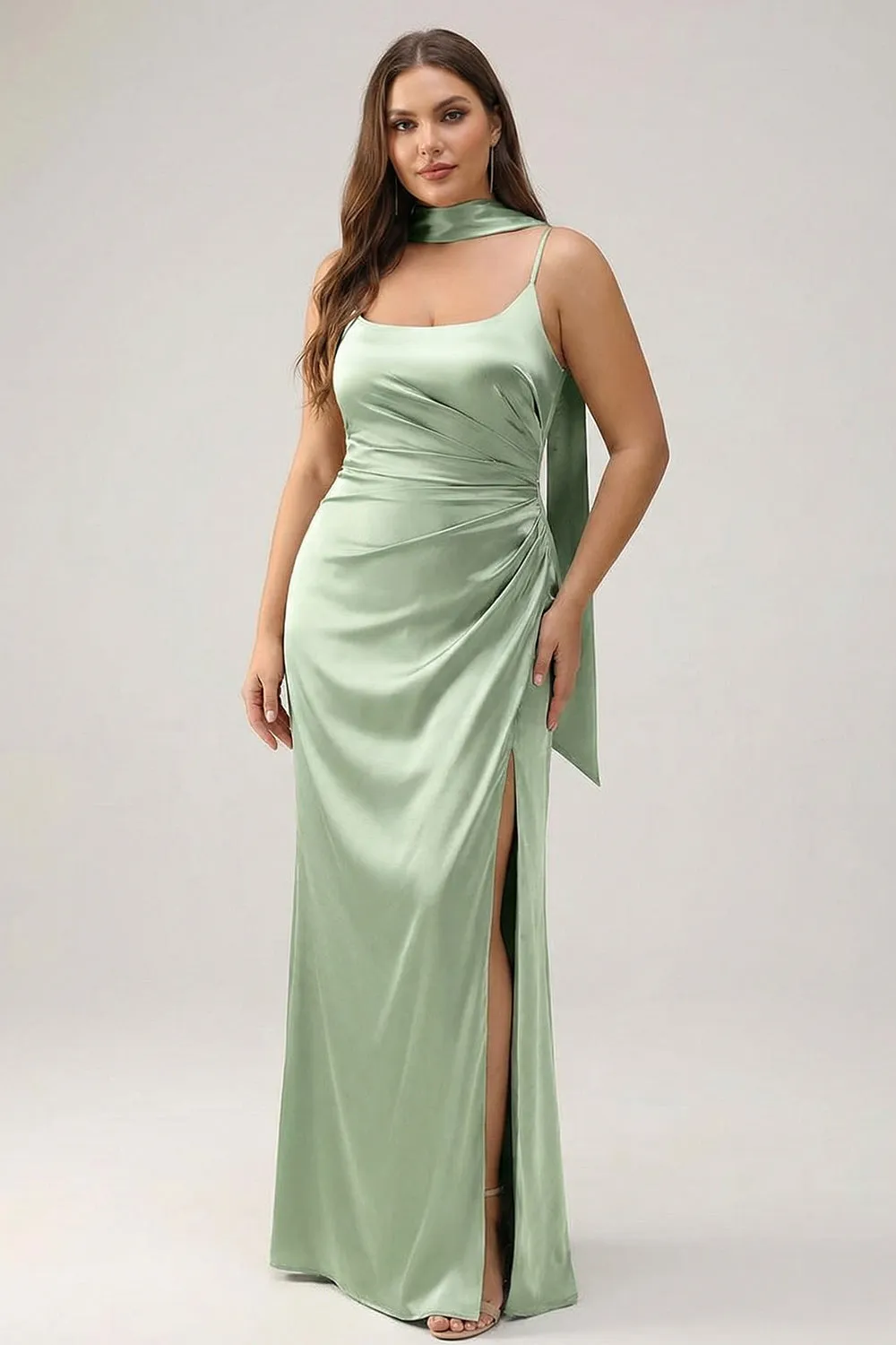 Sage Sheath Spaghetti Straps Streamer Long Satin Plus Size Bridesmaid Dress with Slit sold by Wedtrend