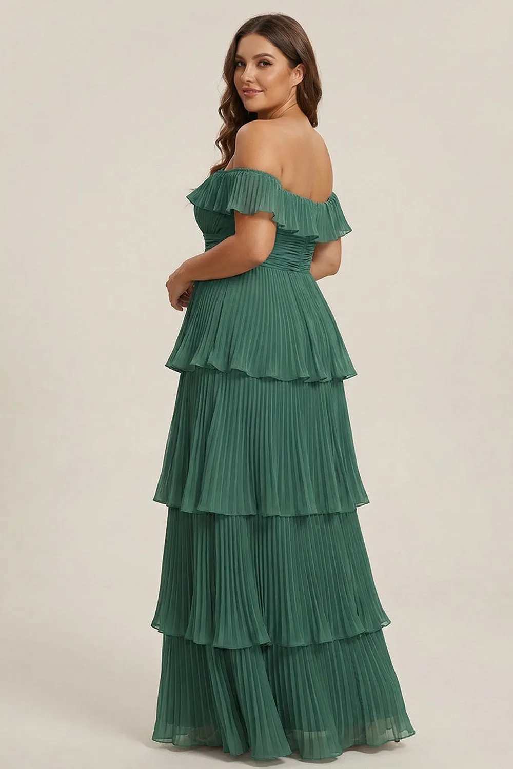 Eucalyptus Off The Shoulder A-Line Tiered Pleated Long Plus Size Bridesmaid Dress sold by Wedtrend product image thumbnail 2